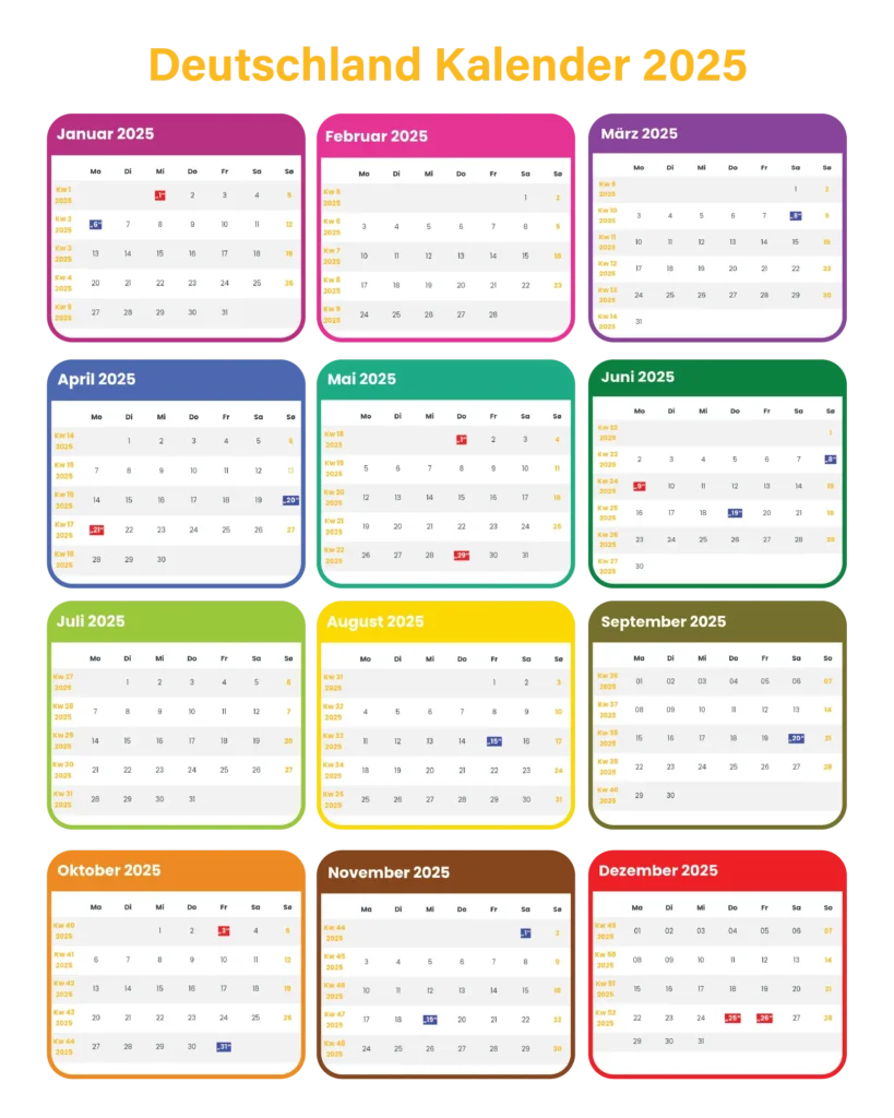 Deutschland Kalender 2025 mit feiertage