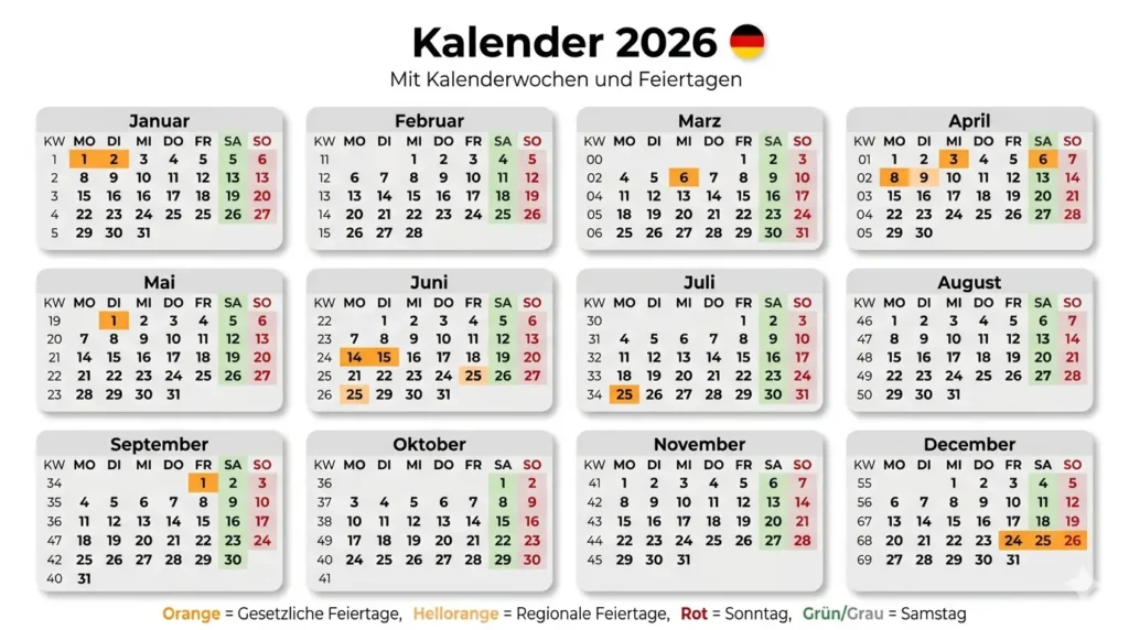 Deutschland kalender 2026 mit Feiertagen, ferienund Kalenderwochen
